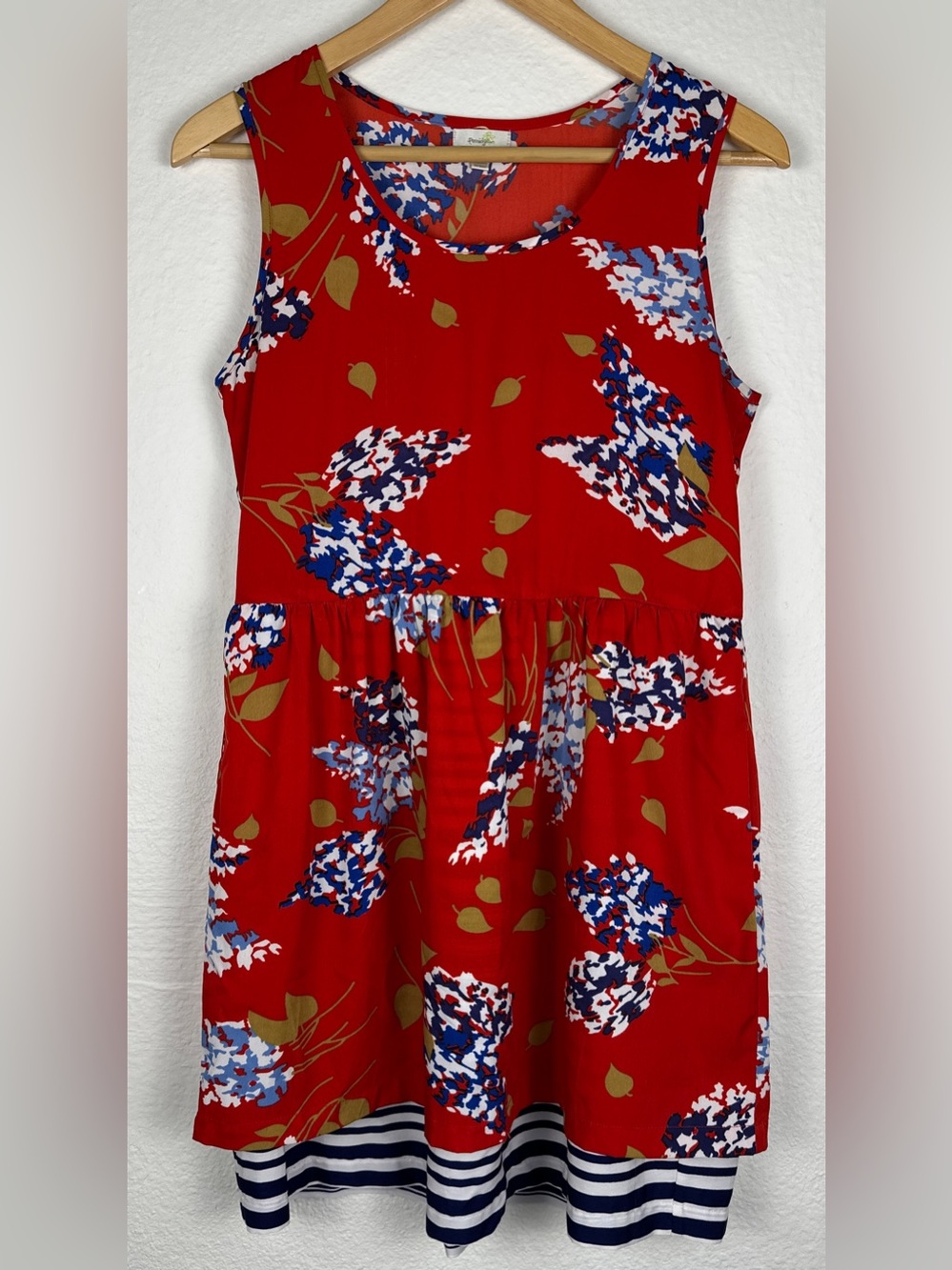 Porridge Anthropologie Dress Women’s Small Red Floral Sleeveless Striped Hem